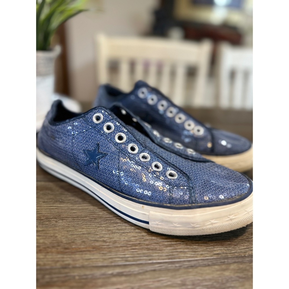 Rare Womens Converse One Star Sneakers Blue Sequin Slip On Shoes Size‎ US 9.5